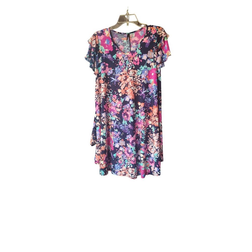 VOLL Women Floral Print Short Sleeve Mini Dress Navy Pink Plus Size 1XL Tunic